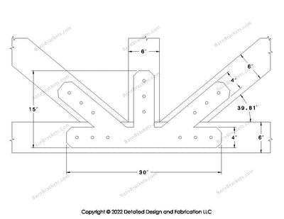 Fan Brackets for 6 inch beams - 4 inch Large offset bottom joint - Chamfered - Centered style holes - BarnBrackets.com