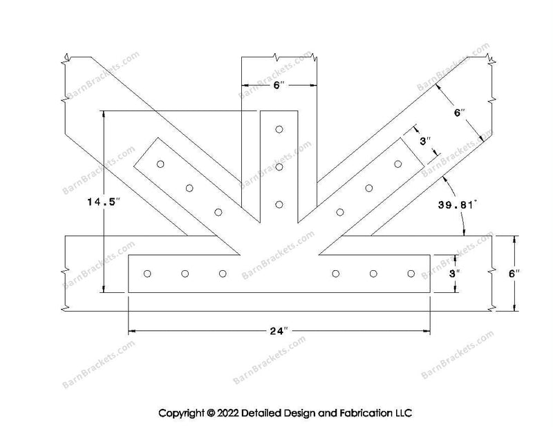 Fan Brackets for 6 inch beams - 3 inch Large centered joint - Square - Centered style holes - BarnBrackets.com