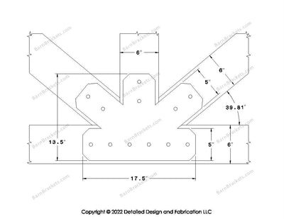 Fan Brackets for 6 inch beams - 5 inch Regular centered joint - Chamfered - Centered style holes - BarnBrackets.com