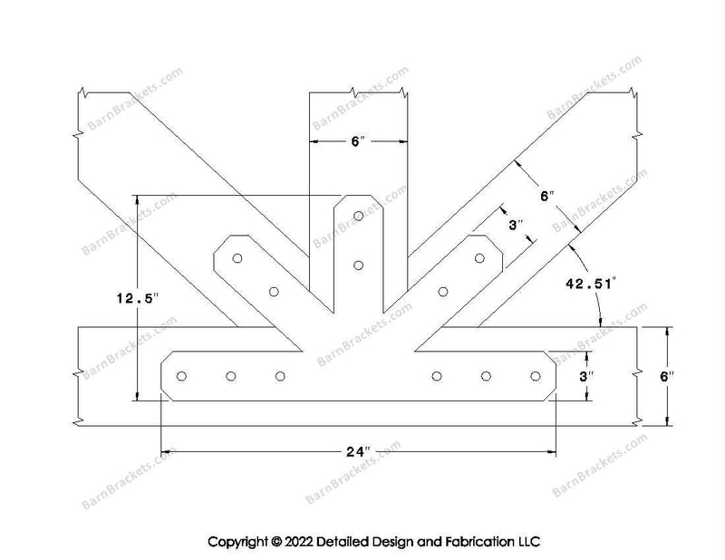 Fan Brackets for 6 inch beams - 3 inch Wide centered joint - Chamfered - Centered style holes - BarnBrackets.com