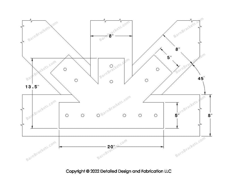 Fan Brackets for 8 inch beams - 5 inch Regular centered joint - Square - Centered style holes - BarnBrackets.com