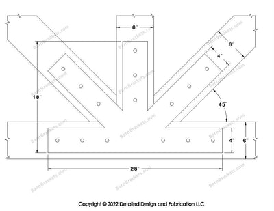 Fan Brackets for 6 inch beams - 4 inch Large centered joint - Square - Centered style holes - BarnBrackets.com