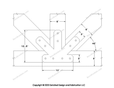 Fan Brackets for 6 inch beams - 3 inch Regular centered joint - Chamfered - Centered style holes - BarnBrackets.com