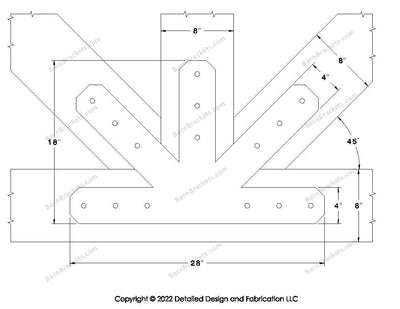 Fan Brackets for 8 inch beams - 4 inch Large centered joint - Chamfered - Centered style holes - BarnBrackets.com