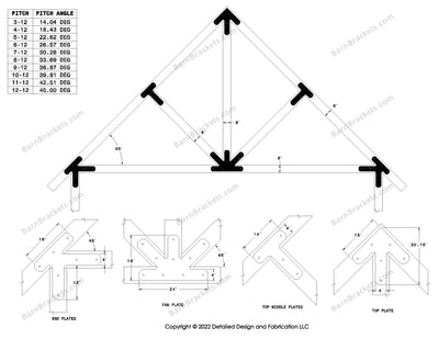 4 inch post and beam bracket set for 6 inch wood beams.  King post truss with diagonal chords and a bottom leg.  With overhang ends and chamfered corners.  For a 12-12 pitch roof.