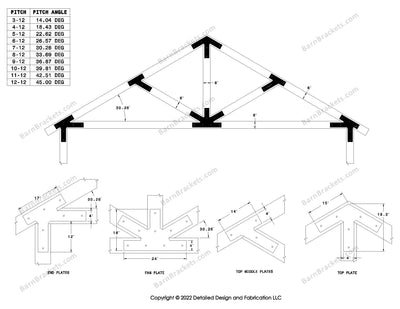 4 inch post and beam bracket set for 6 inch wood beams.  King post truss with diagonal chords and a bottom leg.  With overhang ends and square corners.  For a 7-12 pitch roof.