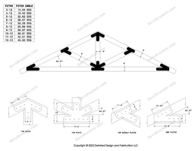 4 inch timber truss plate set for 6 inch wood beams..  King post truss with diagonal chords.  With overhang ends and chamfered corners.  For a 6-12 pitch roof.