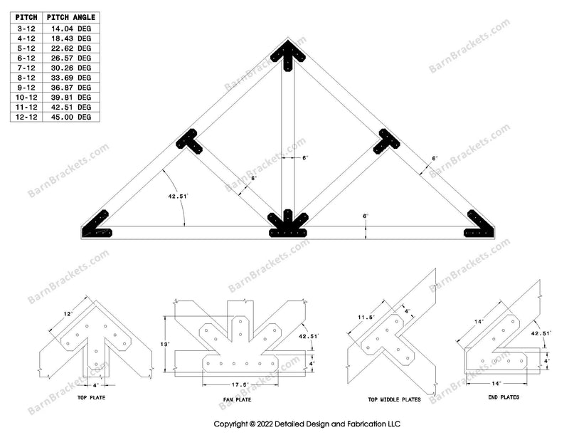 4 inch timber truss plate set for 6 inch wood beams 11-12 pitch.  King post truss with diagonal chords.  With overhang ends and chamfered corners.