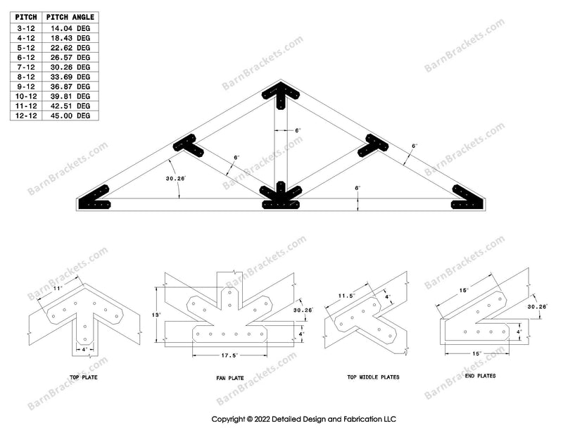 4 inch timber truss plate set for 6 inch wood beams 7-12 pitch.  King post truss with diagonal chords.  With overhang ends and chamfered corners.