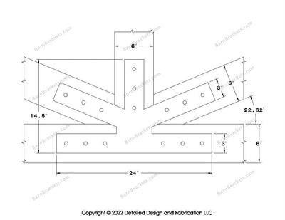 Fan Brackets for 6 inch beams - 3 inch Large centered joint - Square - Centered style holes - BarnBrackets.com