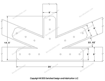 Fan Brackets for 6 inch beams - 5 inch Large centered joint - Chamfered - Centered style holes - BarnBrackets.com