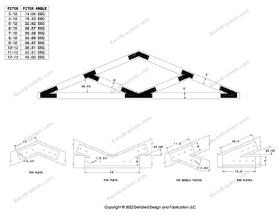 4 inch V style timber truss bracket set  for a 5-12 pitch roof with square corners.