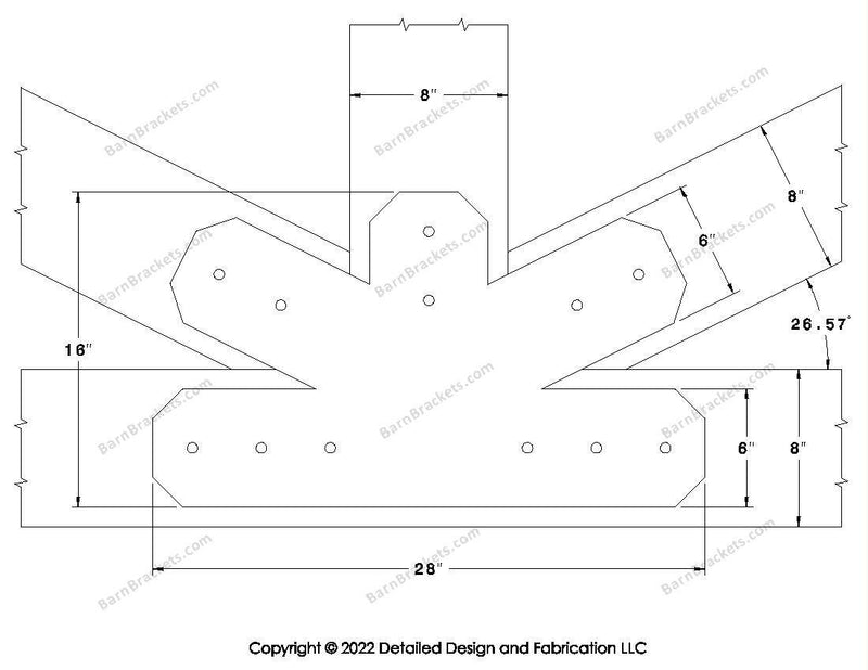 Fan Brackets for 8 inch beams - 6 inch Regular centered joint - Chamfered - Centered style holes - BarnBrackets.com