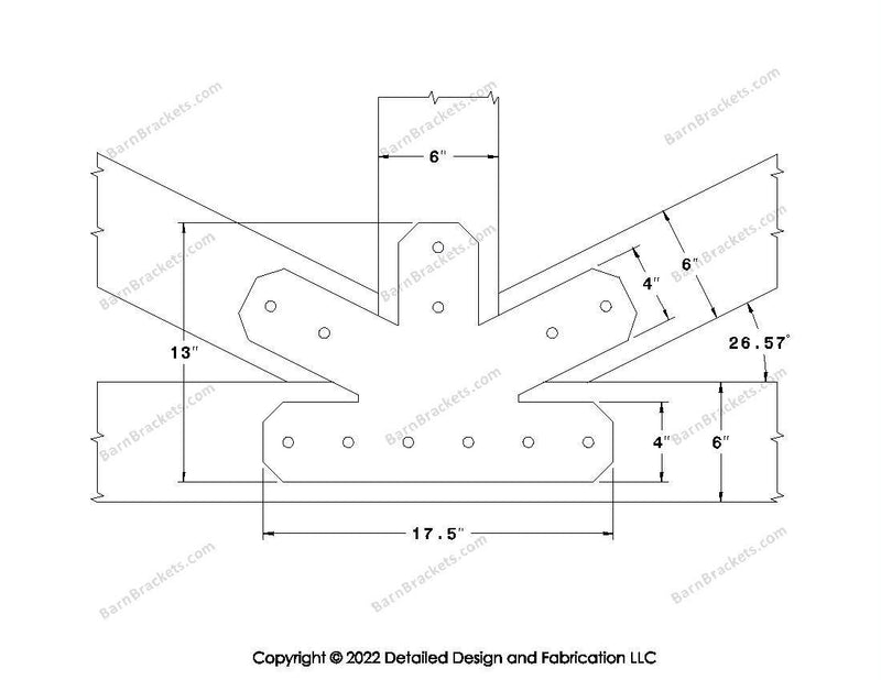 Fan Brackets for 6 inch beams - 4 inch Regular centered joint - Chamfered - Centered style holes - BarnBrackets.com