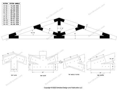 6 inch steel bracket kits for a post and beam truss.  These brackets are for 8 inch timber beams.  King post truss with diagonal chords.  Designed with overhang ends and square corners.  Dimensions are for a 4-12 pitch roof.