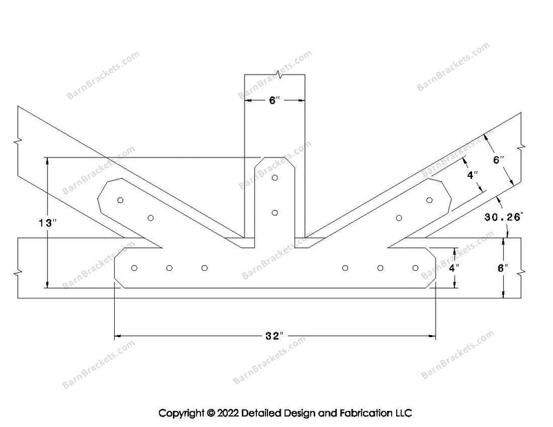 Fan Brackets for 6 inch beams - 4 inch Regular offset bottom joint - Chamfered - Centered style holes - BarnBrackets.com