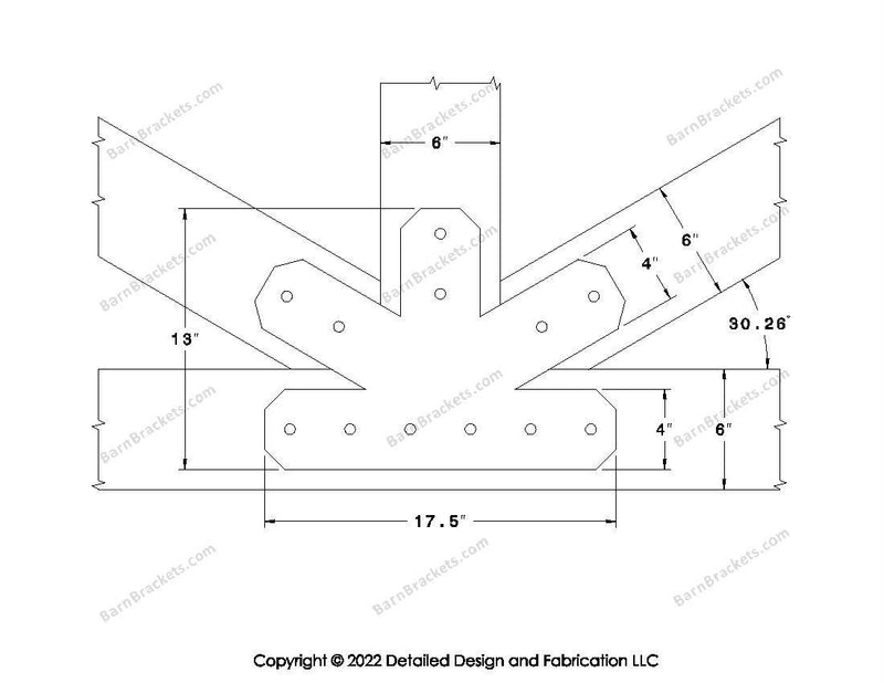 Fan Brackets for 6 inch beams - 4 inch Regular centered joint - Chamfered - Centered style holes - BarnBrackets.com