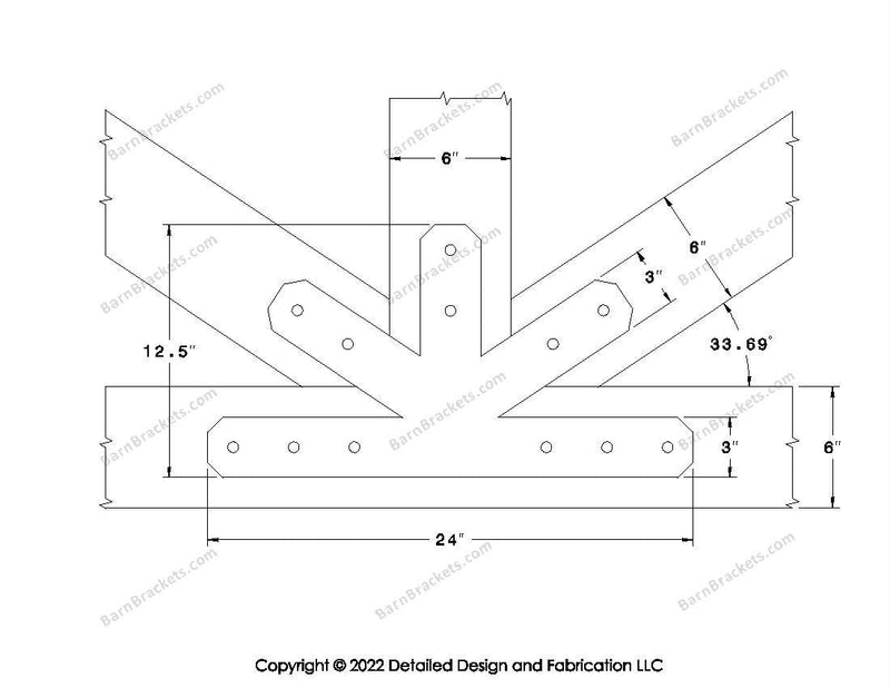 Fan Brackets for 6 inch beams - 3 inch Wide centered joint - Chamfered - Centered style holes - BarnBrackets.com