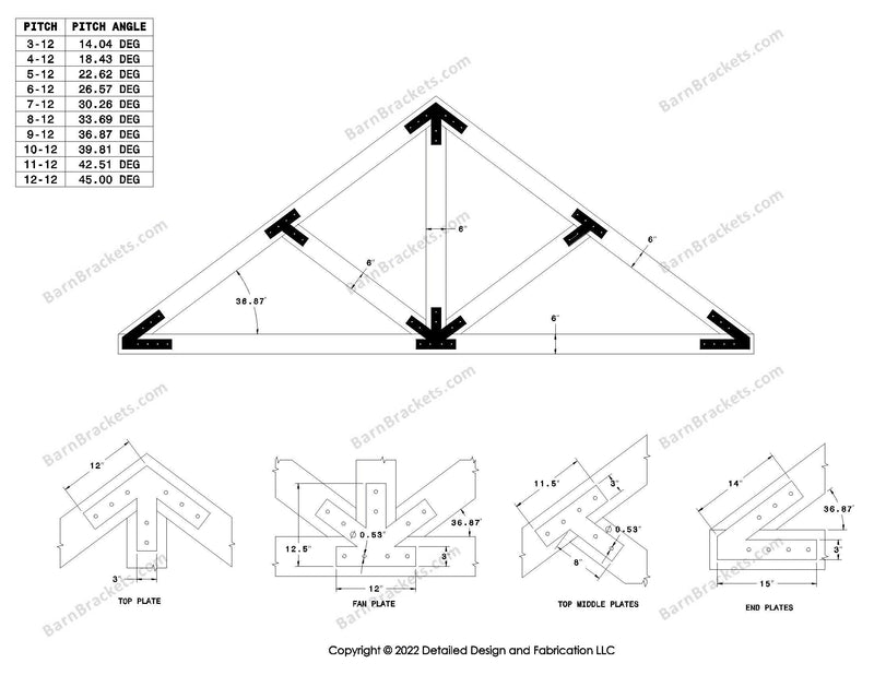 Steel post and beam truss bracket set for a 9/12 pitch roof.