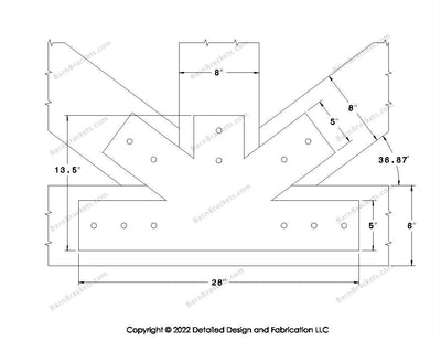 Fan Brackets for 8 inch beams - 5 inch Wide centered joint - Square - Centered style holes - BarnBrackets.com