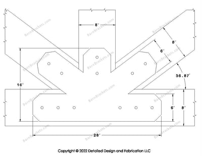 Fan Brackets for 8 inch beams - 6 inch Regular centered joint - Chamfered - Centered style holes - BarnBrackets.com