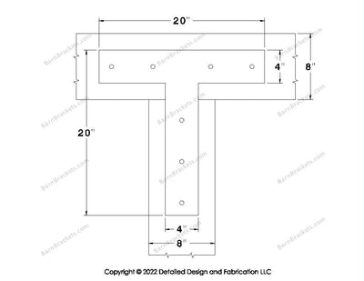 T shaped Brackets for 8 inch beams - Square - Centered style holes - BarnBrackets.com