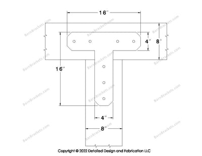 T shaped Brackets for 8 inch beams - Chamfered - Centered style holes - BarnBrackets.com