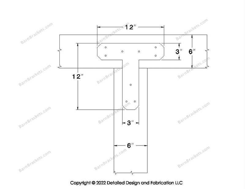 T shaped Brackets for 6 inch beams - Chamfered - Triangular style holes - BarnBrackets.com