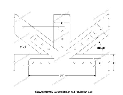 This is a middle fan bracket for a timber frame truss.  These steel brackets are for 6 inch timber beams.  This is the large size with chamfered corners.  Dimensions are for a 9-12 pitch roof.